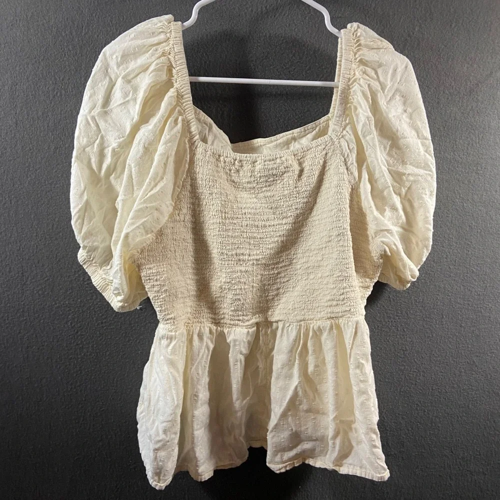 women peasant top xxl cream Peplum Puff Smocked Cream cottage prairie neutral
